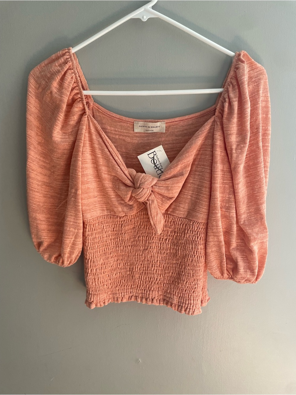 NWT Saints &‎ Hearts Coral Peach Tie-Front Smocked Crop Top